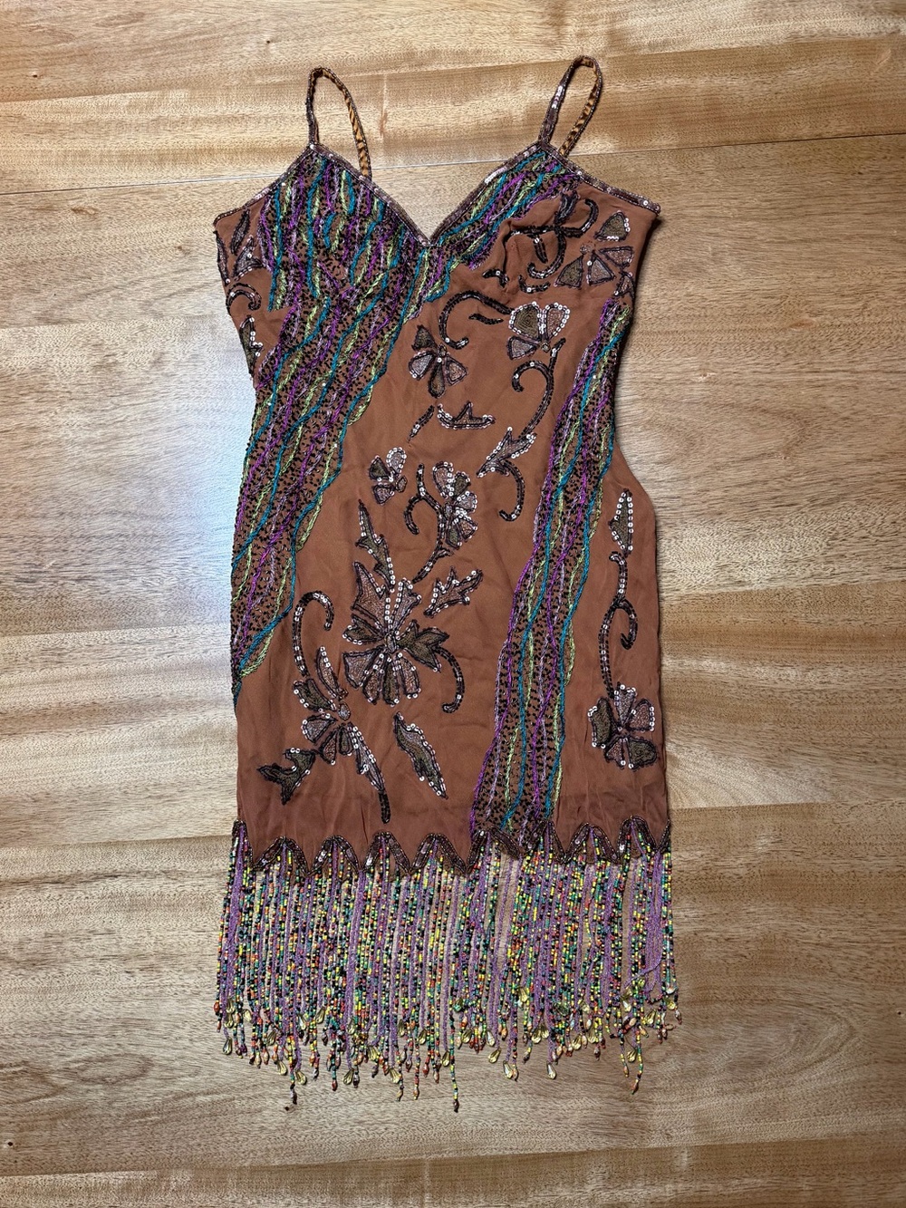 Aftershock XS Brown/Multicolor Beaded Cami Mini Dress with Beaded Fringe